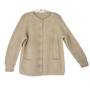 Vintage 70s Handknit Wool Fisherman Knit Cardgan Chunky Cable Sweater Ivory Med